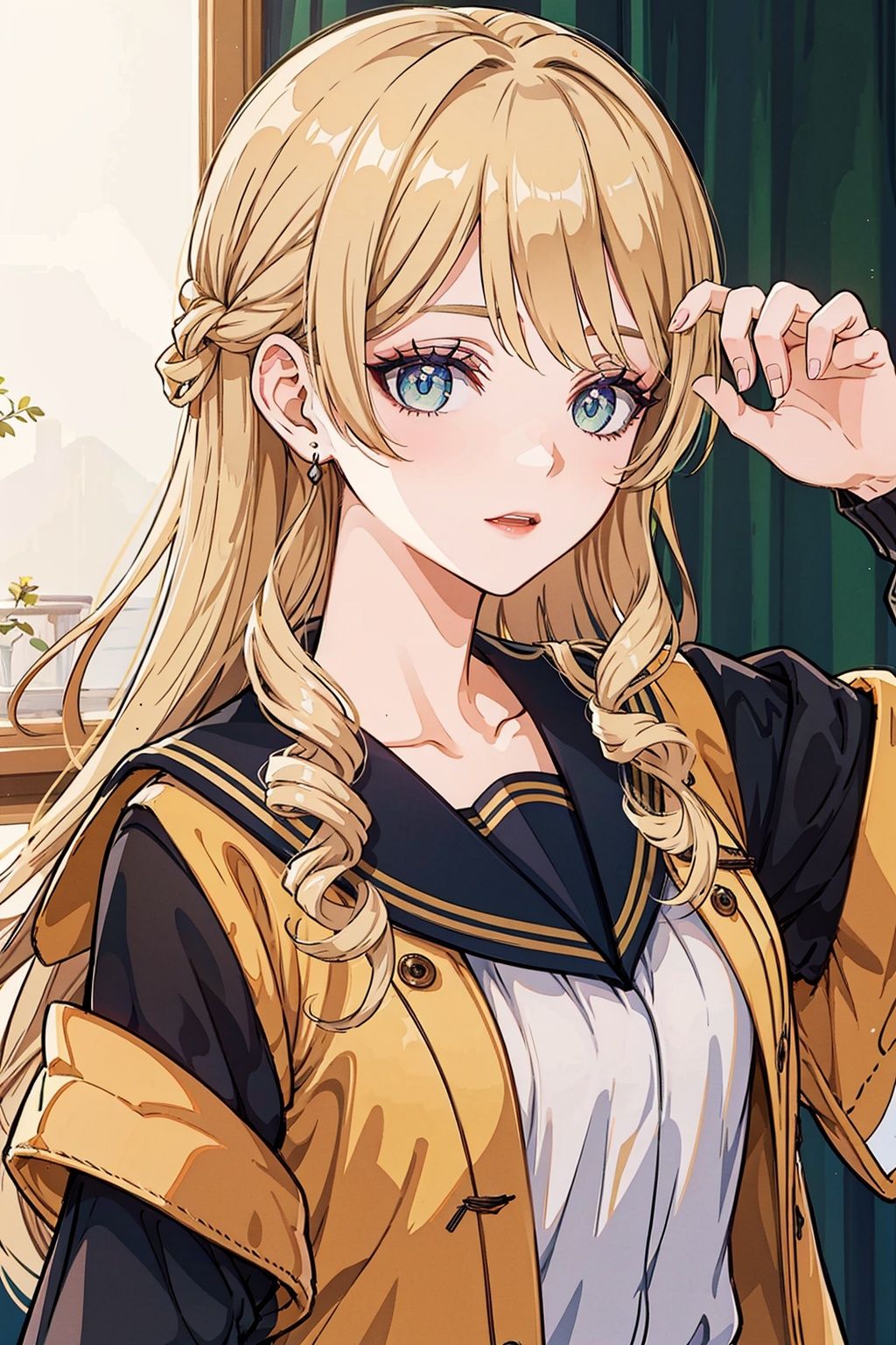 1 mature woman,athlete,high quality, masterpiece, 1girl, beautiful, cute face, very long hair, school uniform,sefuku,blond_hair,wavy_hair,eyeshadow, ,Navia \(genshin impact\),backlight,