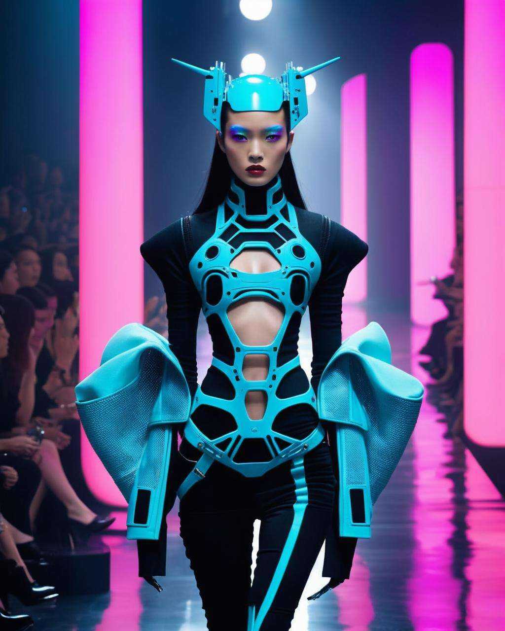 a weird fashion runway inspired by 90s cyberpunk ,  by P-S ,  by Young-mi Woo on Tensor.Art