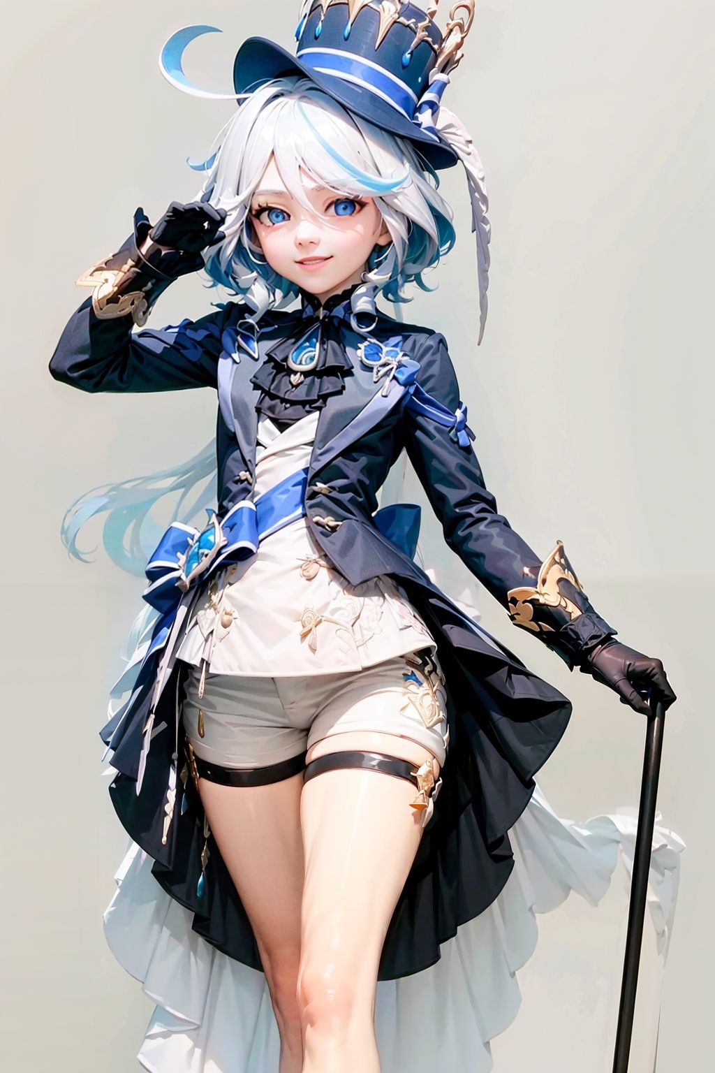 masterpiece, best quality, <lora:Furina-mver:1>,1girl,hat,long hair,ahoge,multicolored hair,blue eyes,ascot,brooch,long sleeves, jacket,blue bow,gloves,white shorts, thigh strap,standing, smile,cane