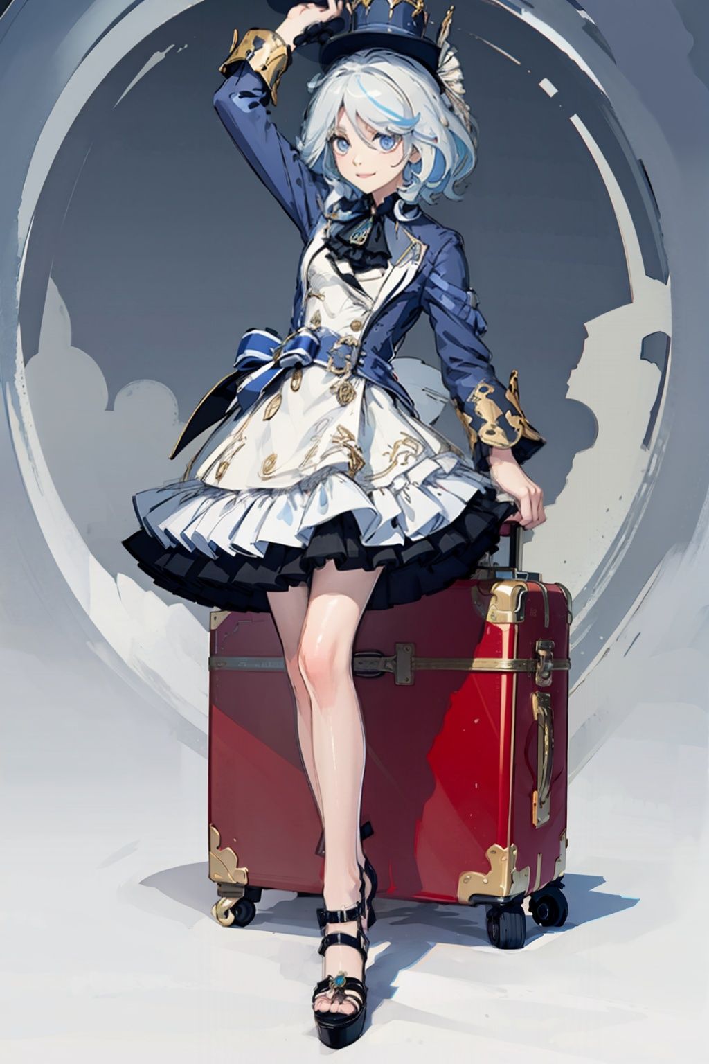 masterpiece, best quality, <lora:Furina-mver:0.8>,1girl, hat, solo, dress, blue eyes, long hair, white hair, black footwear, white dress, hair over one eye, suitcase, white headwear, full body, multicolored hair, standing, belt, blue hair, looking at viewer, sleeveless, high heels, blue nails, smile, sandals, nail polish, luggage, buttons, bangs, sleeveless dress, streaked hair, ribbon, bow, toenail polish, rolling suitcase, double-breasted, arm up, buckle, ponytail, toenails, blue ribbon, ascot