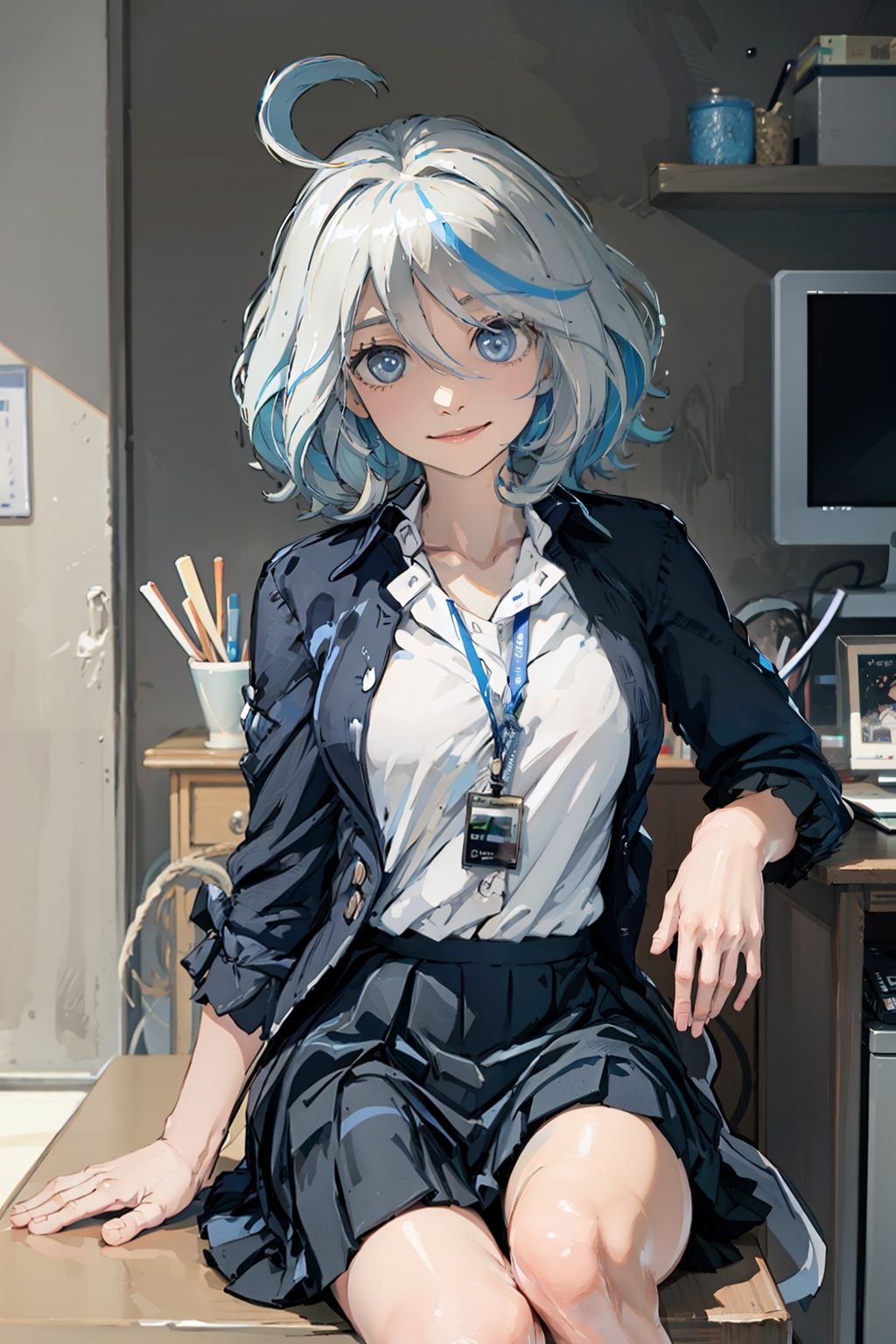masterpiece, best quality, <lora:Furina-mver:0.8>,1girl, solo, skirt, blue eyes, shirt, smile, black skirt, id card, looking at viewer, sitting, white shirt, breasts, office lady, multicolored hair, ahoge, lanyard, blue hair, long hair, collared shirt, closed mouth, grey hair, bangs, sleeves rolled up, monitor, pleated skirt, streaked hair, indoors, hair between eyes, desk, miniskirt, chair, collarbone, very long hair, thighs
