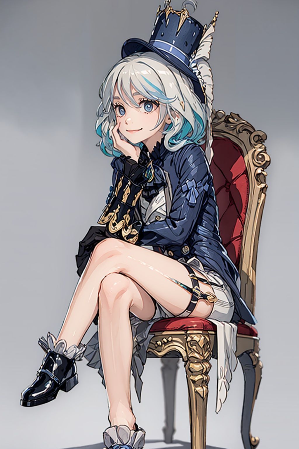 masterpiece, best quality, <lora:Furina-sver:1>,furina,hat,smile, little girl,,grey background, sitting, crossed legs, ,chair,blue footwear