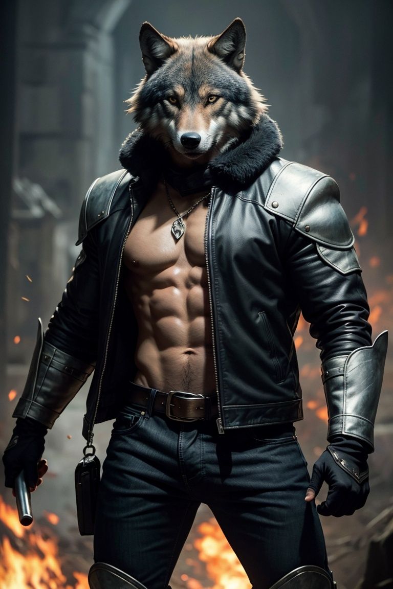 The picture shows a wolf wearing a helmet and wearing a leather jacket. The wolf has a formidable and powerful appearance,...