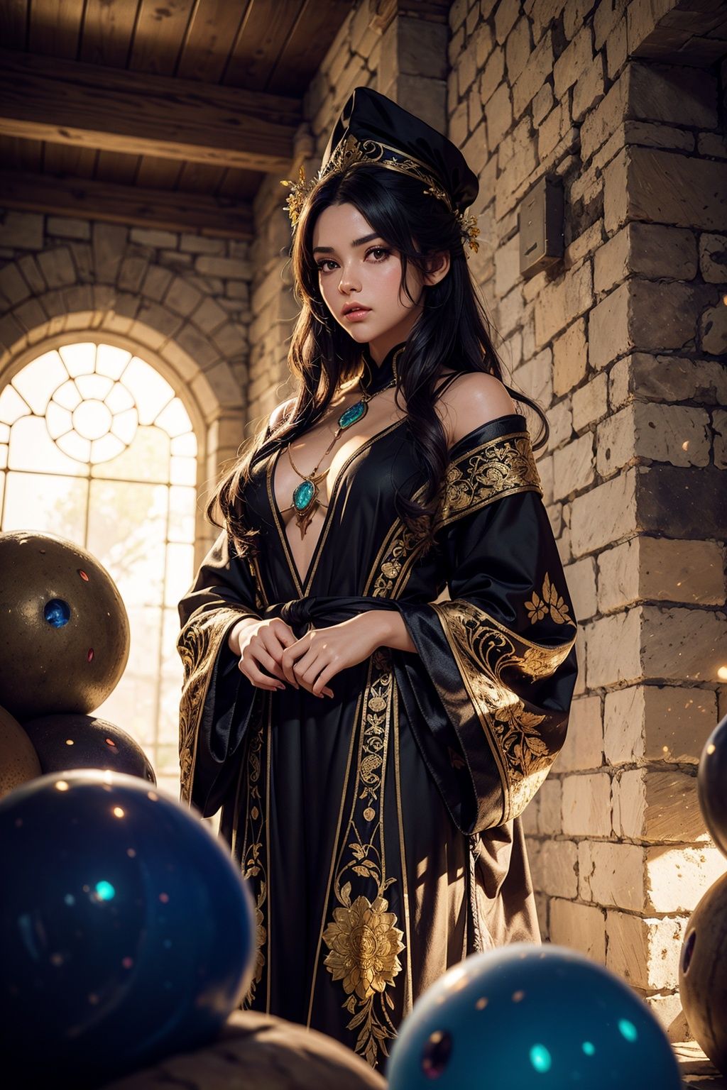 (cel-shading style) extremely detailed illustration of a gorgeous sorceress wearing flowy robes,  flattering look,  (cente...