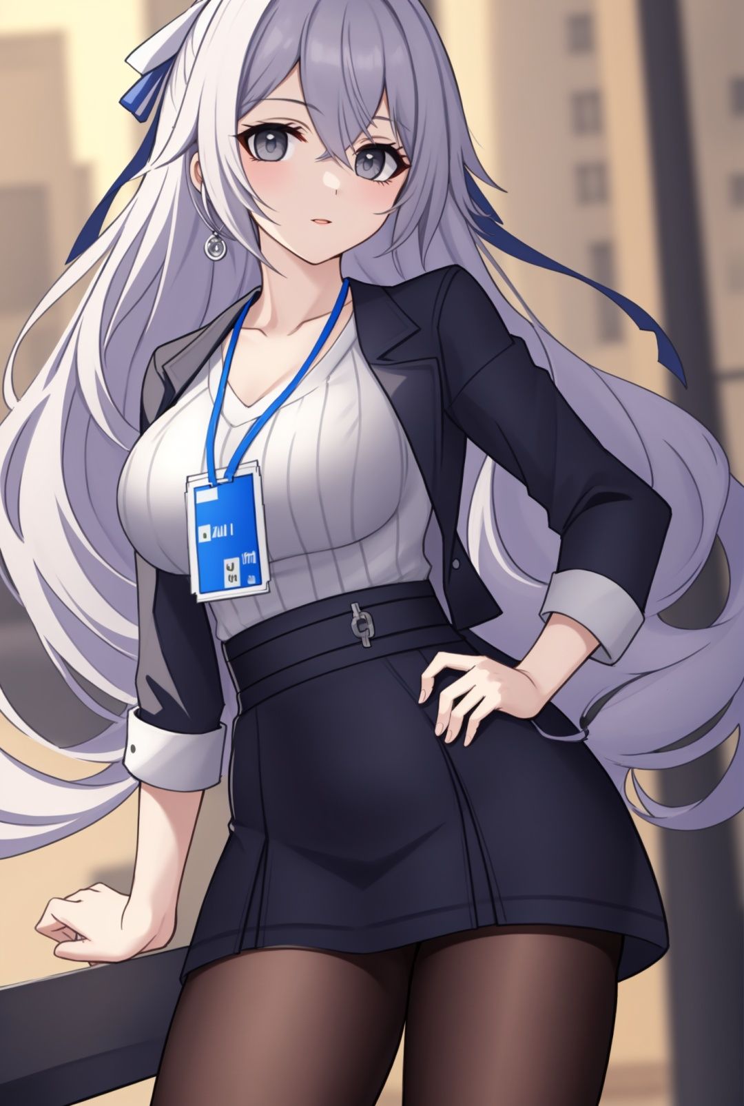 grey eyes，masterpiece, best quality,ID card,hand on hip