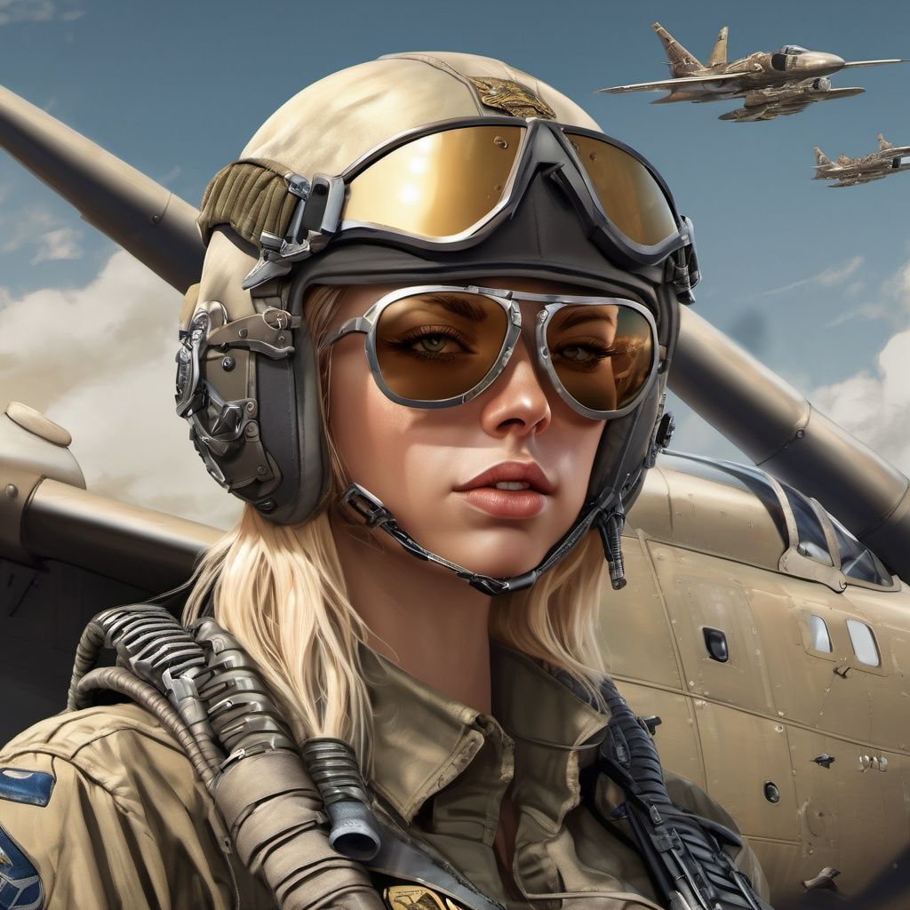 Closeup Young blond army pilot in lingerie,  weapons, helmet, aircraft, combat, sunglasses, trending on artstation, sharp focus, studio photo, intricate details, highly detailed, by greg rutkowski