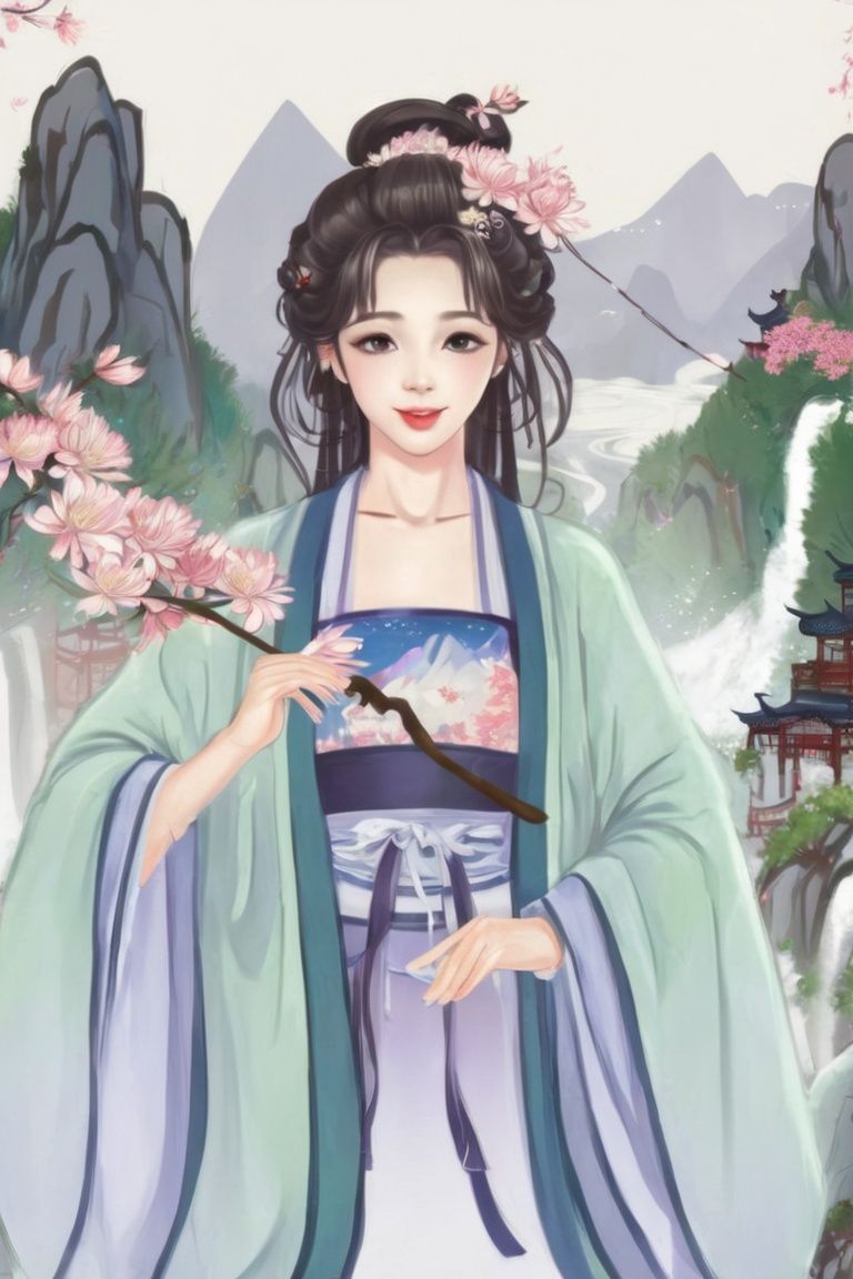  1girl, wavy hair, looking at viewer,holding a flower,upper body, floral print,ponytail, scenery,mountain waterfall, hanfu, chinese_painting