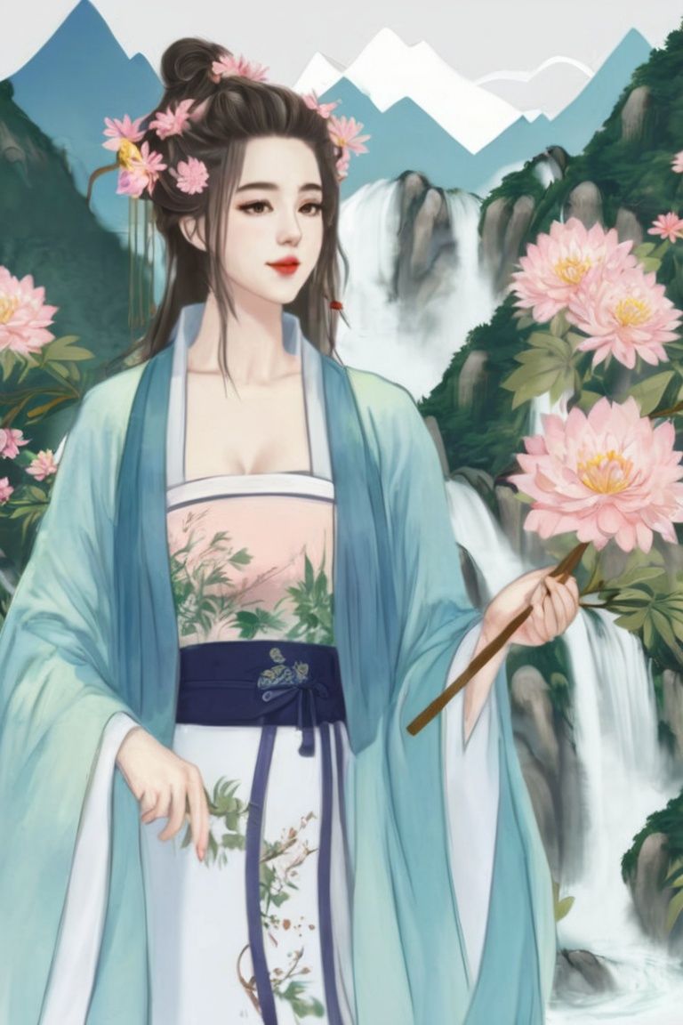  1girl, wavy hair, looking at viewer,holding a flower,upper body, floral print,ponytail, scenery,mountain waterfall, hanfu, chinese_painting