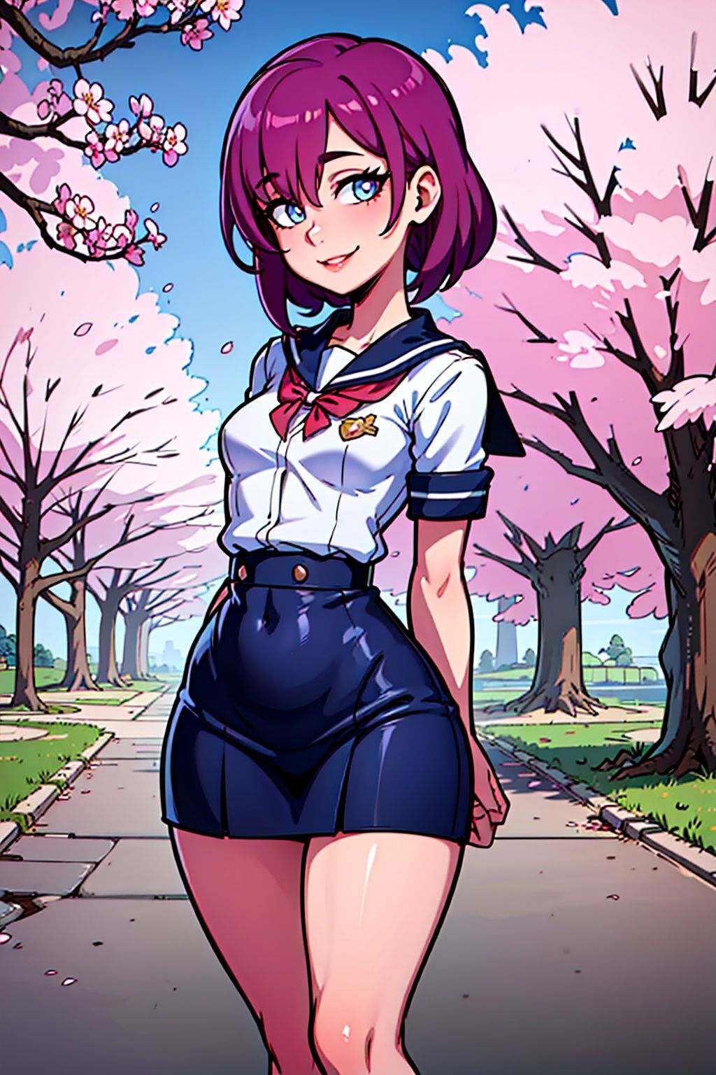 purple hair, small breasts, (wide hips:1.2), standing, smile, school uniform, blue miniskirt, hands at sides, looking at viewer, outside, near tree, arms behind back, (road:0.6), pov, looking at viewer, facing viewer, perfect eyes, cherry blossom