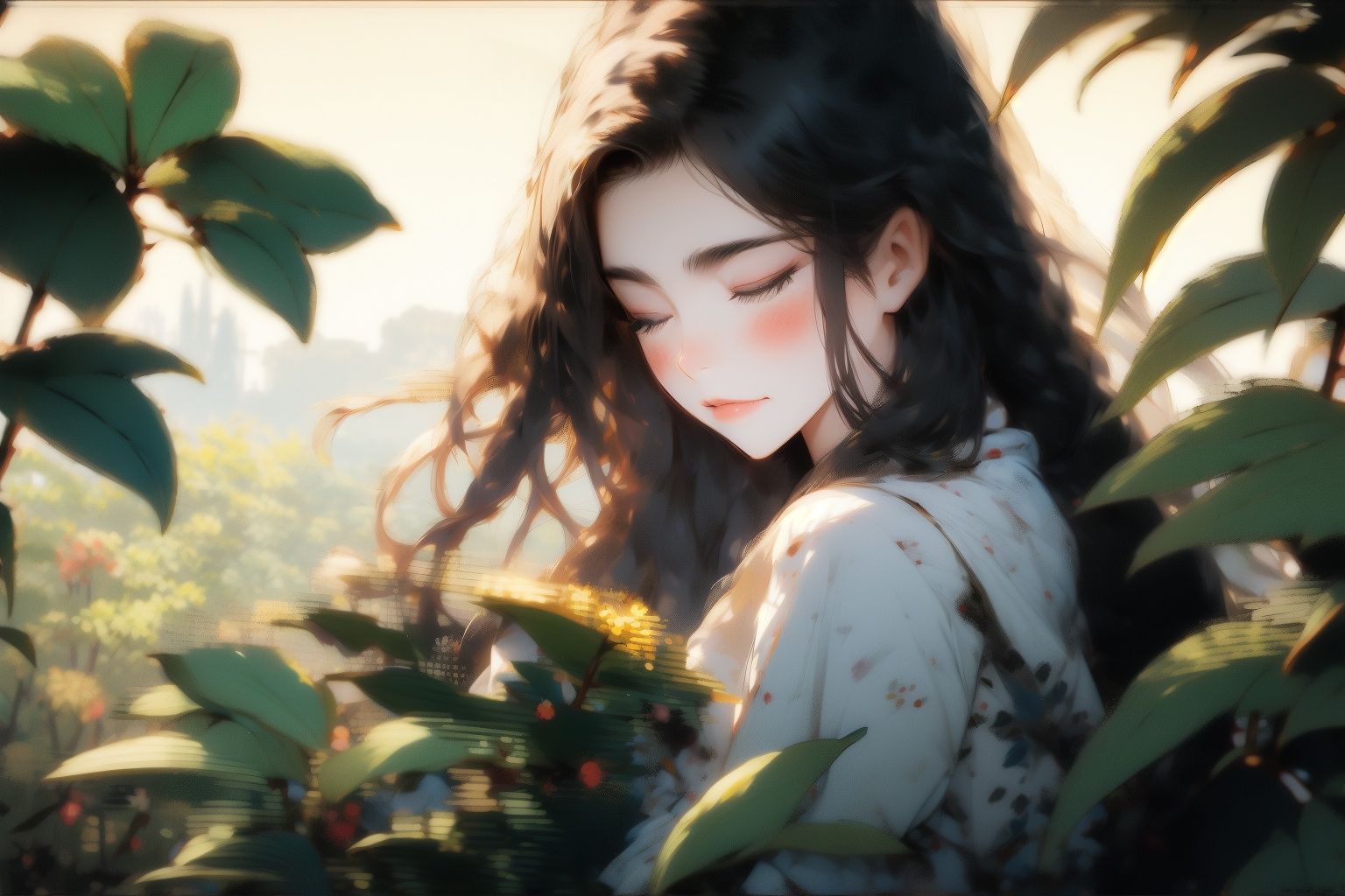 <lora:gfink:1.2>gfink, 1girl, solo, long hair, black hair, closed eyes, plant, closed mouth, upper body