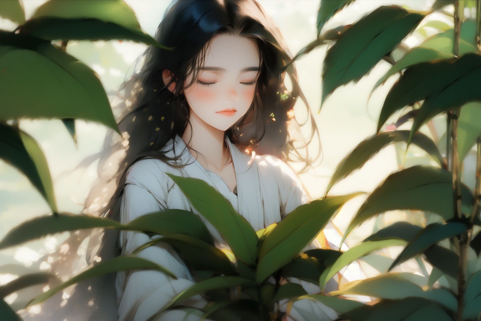 <lora:gfink:1.2>gfink, 1girl, solo, long hair, black hair, closed eyes, plant, closed mouth, upper body