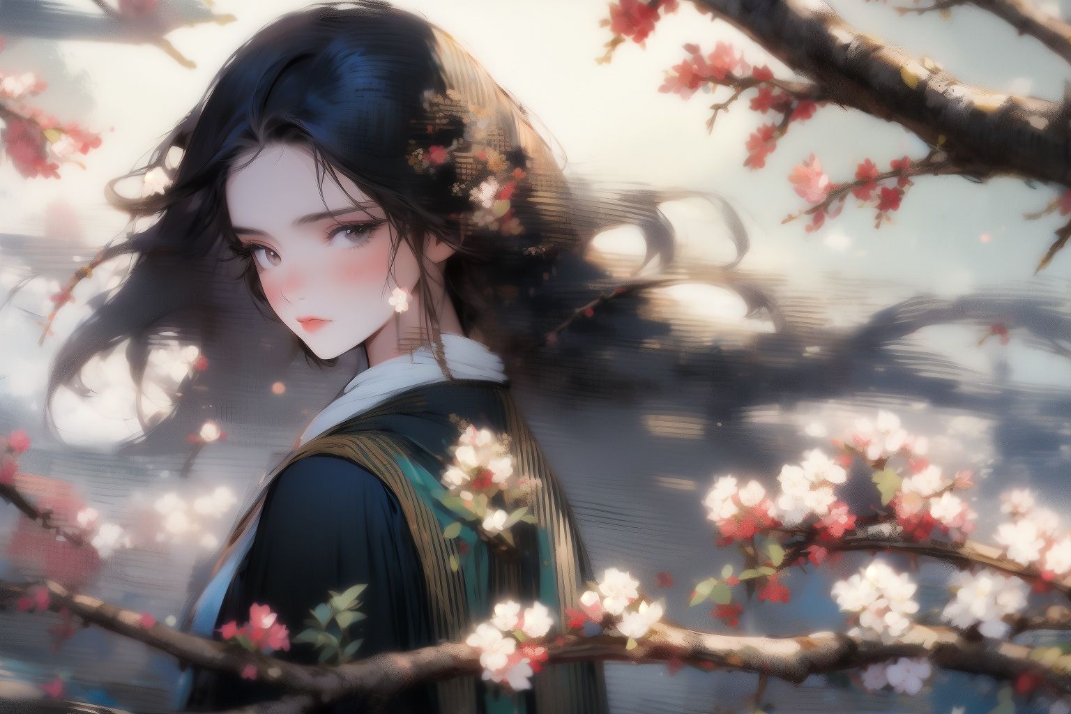 <lora:gfink:1.2>gfink, long hair, 1girl, black hair, solo, flower, upper body, branch