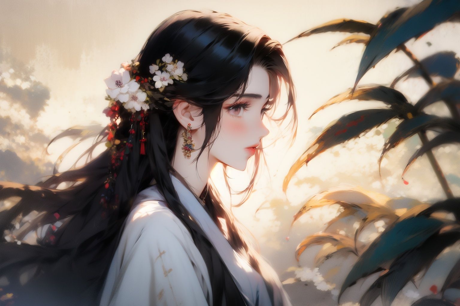 <lora:gfink:1.2>gfink, 1girl, flower, solo, black hair, jewelry, earrings, mole, hair ornament, mole under mouth, chinese clothes, long hair, upper body, from side, hanfu, white flower, profile, makeup