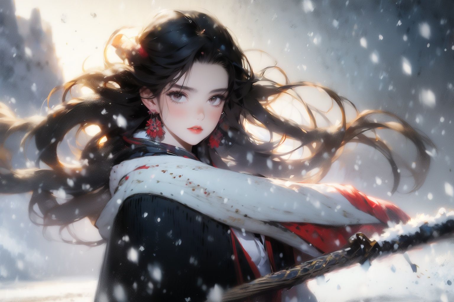 <lora:gfink:1.2>gfink, 1girl, black hair, long hair, jewelry, weapon, solo, sword, earrings, looking at viewer, snow, red lips, snowing