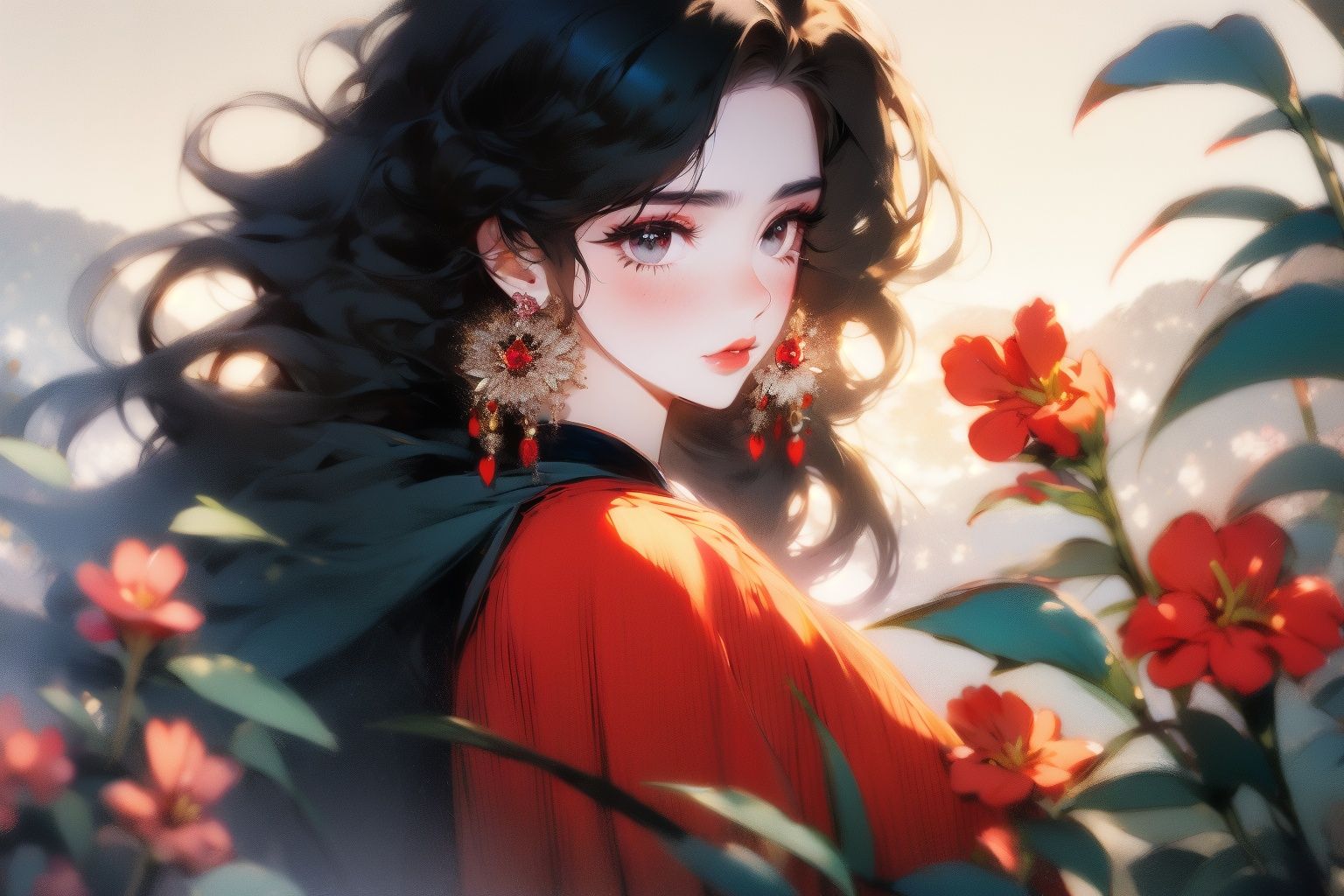 <lora:gfink:1.2>gfink, 1girl, flower, black hair, solo, jewelry, looking at viewer, earrings, hair ornament, red flower, parted lips, long hair, mole under eye, mole, red lips, black eyes