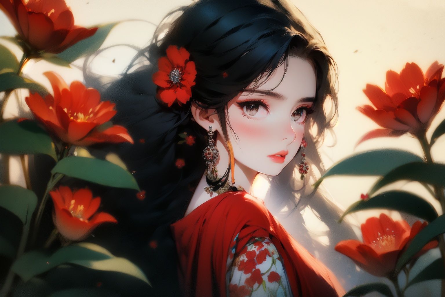 <lora:gfink:1.2>gfink, 1girl, flower, black hair, solo, jewelry, looking at viewer, earrings, hair ornament, red flower, parted lips, long hair, mole under eye, mole, red lips, black eyes