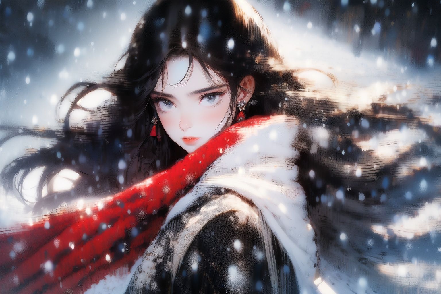 <lora:gfink:1.2>gfink, 1girl, black hair, long hair, jewelry, weapon, solo, sword, earrings, looking at viewer, snow, red lips, snowing