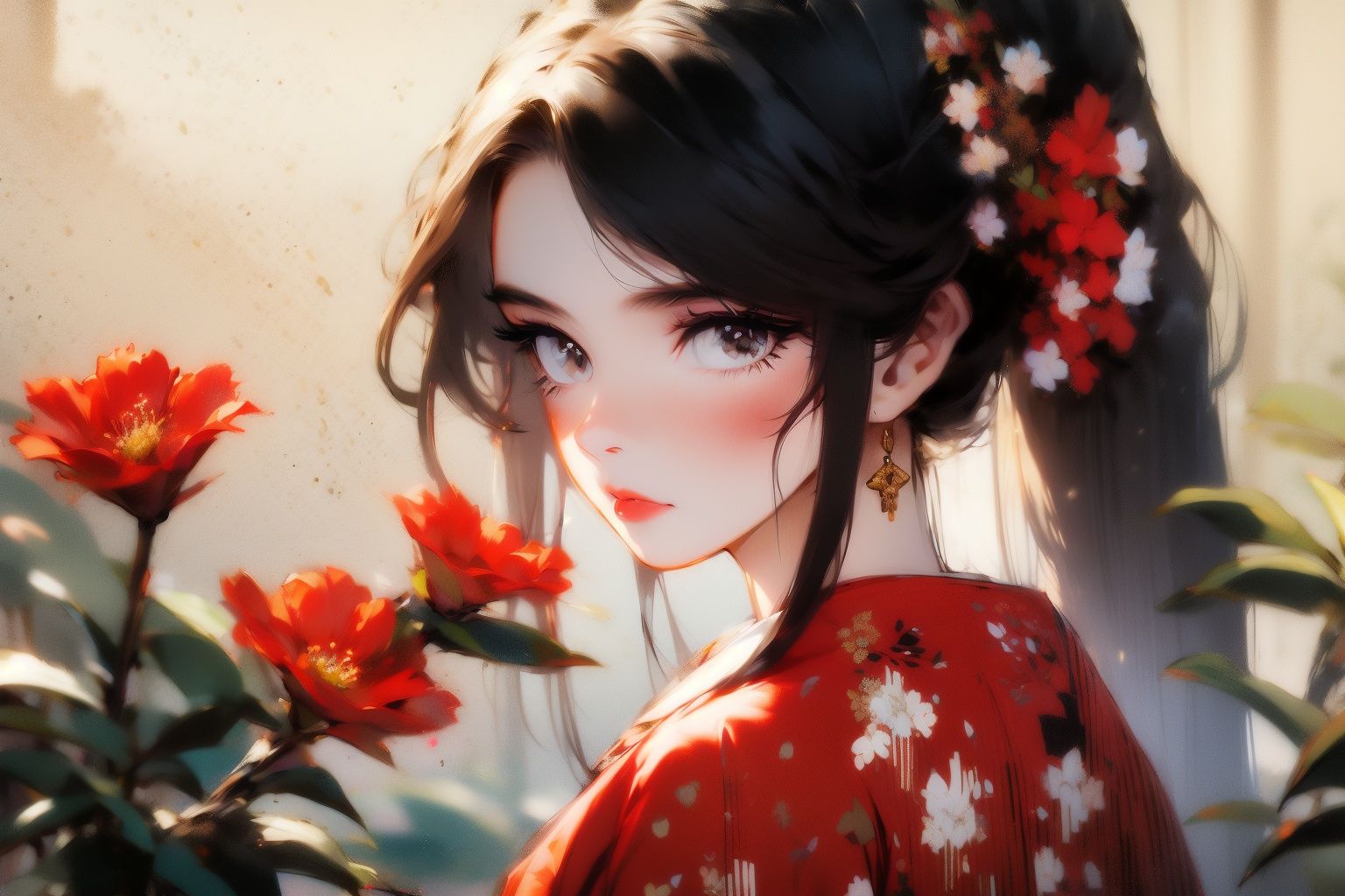 <lora:gfink:1.2>gfink, 1girl, flower, solo, black hair, looking at viewer, long hair, japanese clothes, hair ornament, red kimono, hair flower, kimono, upper body, ponytail, blush, red flower, floral print, red lips