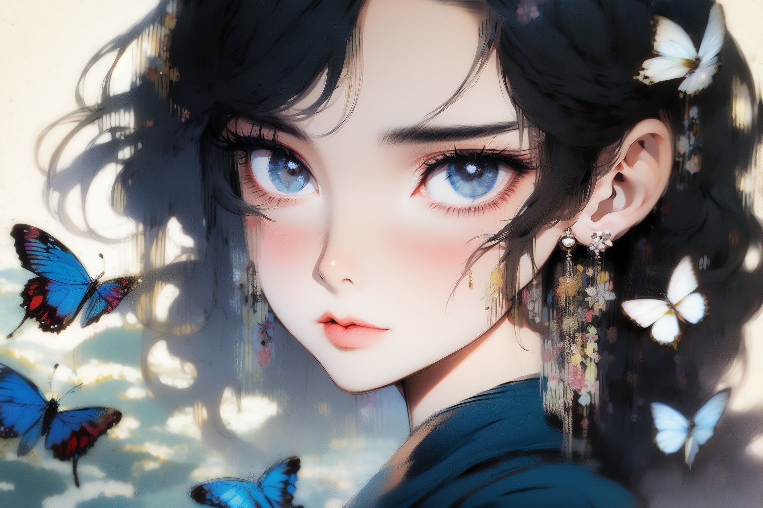 <lora:gfink:1.2>gfink, 1girl, black hair, solo, looking at viewer, butterfly, bug, jewelry, blue butterfly, earrings, flower, portrait, bangs, grey eyes