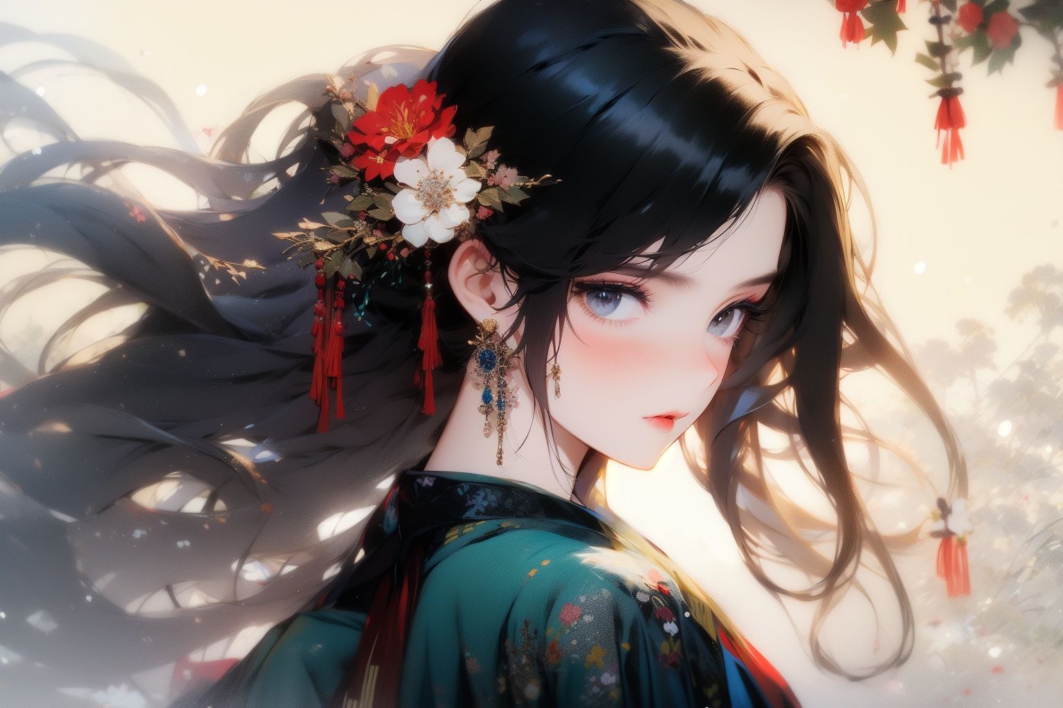 <lora:gfink:1.2>gfink, 1girl, black hair, long hair, solo, jewelry, hair ornament, earrings, upper body, flower, chinese clothes, hair flower, from side, hanfu, looking at viewer