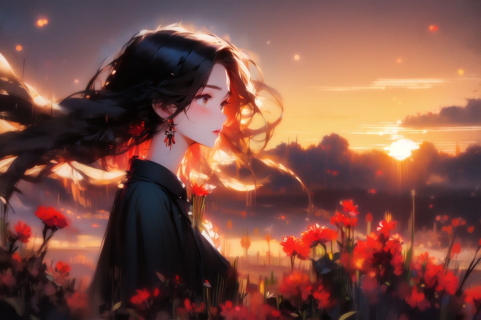 <lora:gfink:1.2>gfink, 1girl, jewelry, earrings, solo, flower, long hair, black hair, outdoors, bird, profile, sunset, red flower, wind, sky, ribbon, blush, sun