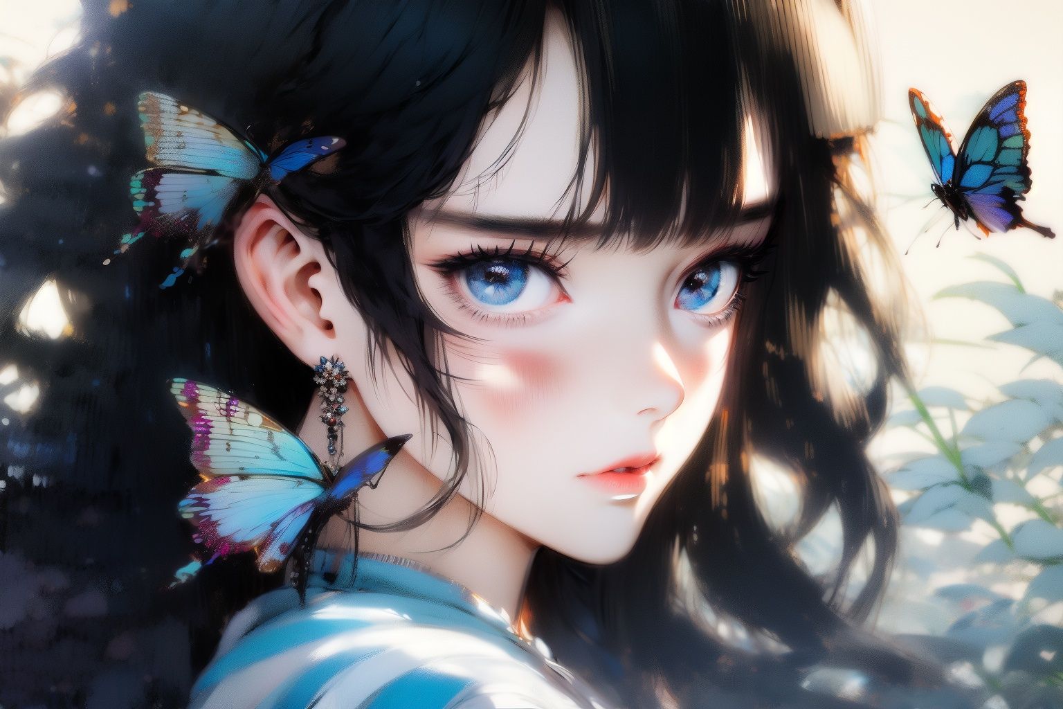 <lora:gfink:1.2>gfink, 1girl, black hair, solo, looking at viewer, butterfly, bug, jewelry, blue butterfly, earrings, flower, portrait, bangs, grey eyes