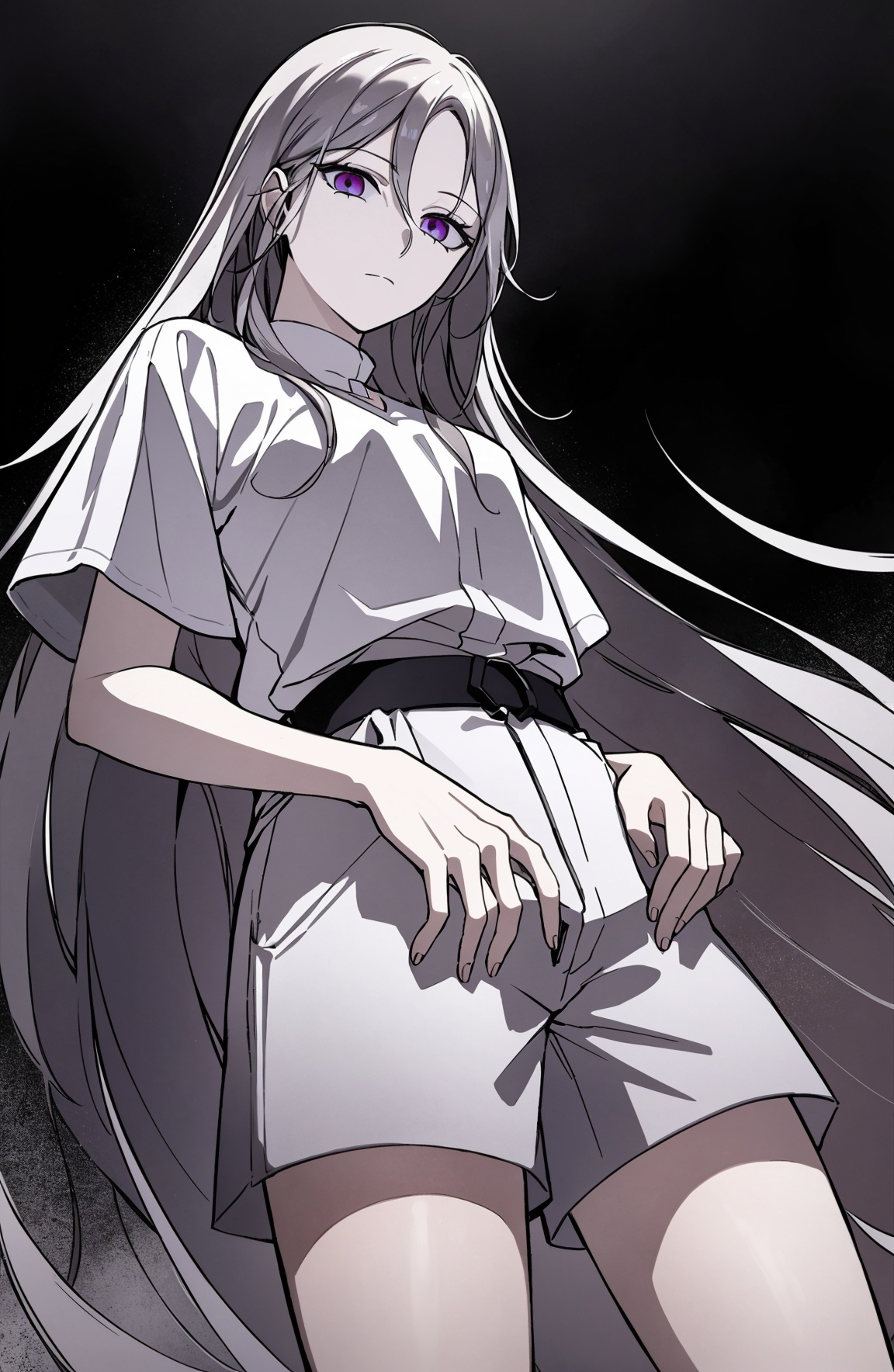 ((masterpiece)), ((ultra-detailed)), ((best quality)),from below, 1girl, long hair, small breasts, makeup, black eyeliner, (expressionless:1.2), (closed mouth:1.2), looking at viewer,grey hair,long hair,white shorts,white tshirt,