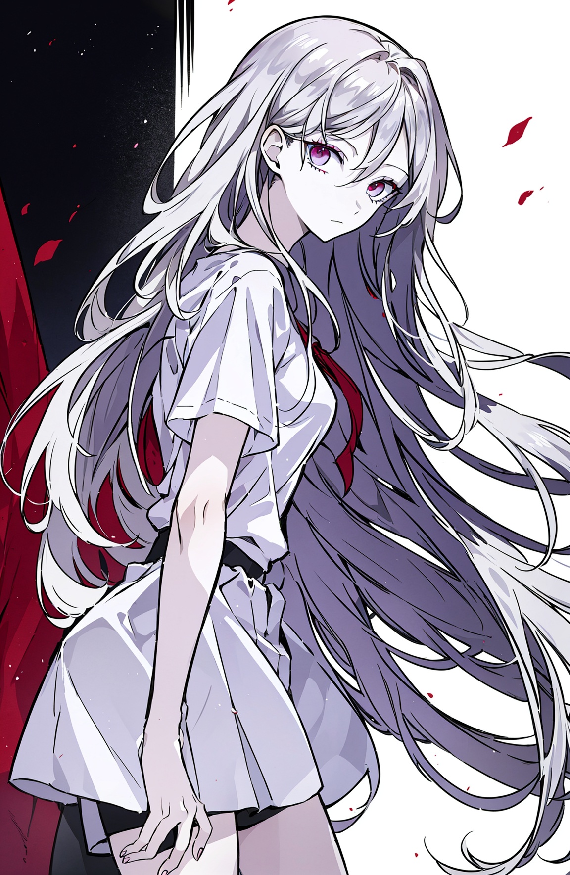 ((masterpiece)), ((ultra-detailed)), ((best quality)),from side, 1girl, long hair,medium breasts, makeup, black eyeliner, (expressionless:1.2), (closed mouth:1.2), looking at viewer,grey hair,long hair,white shorts,white tshirt,purple eyes,red eyes,
