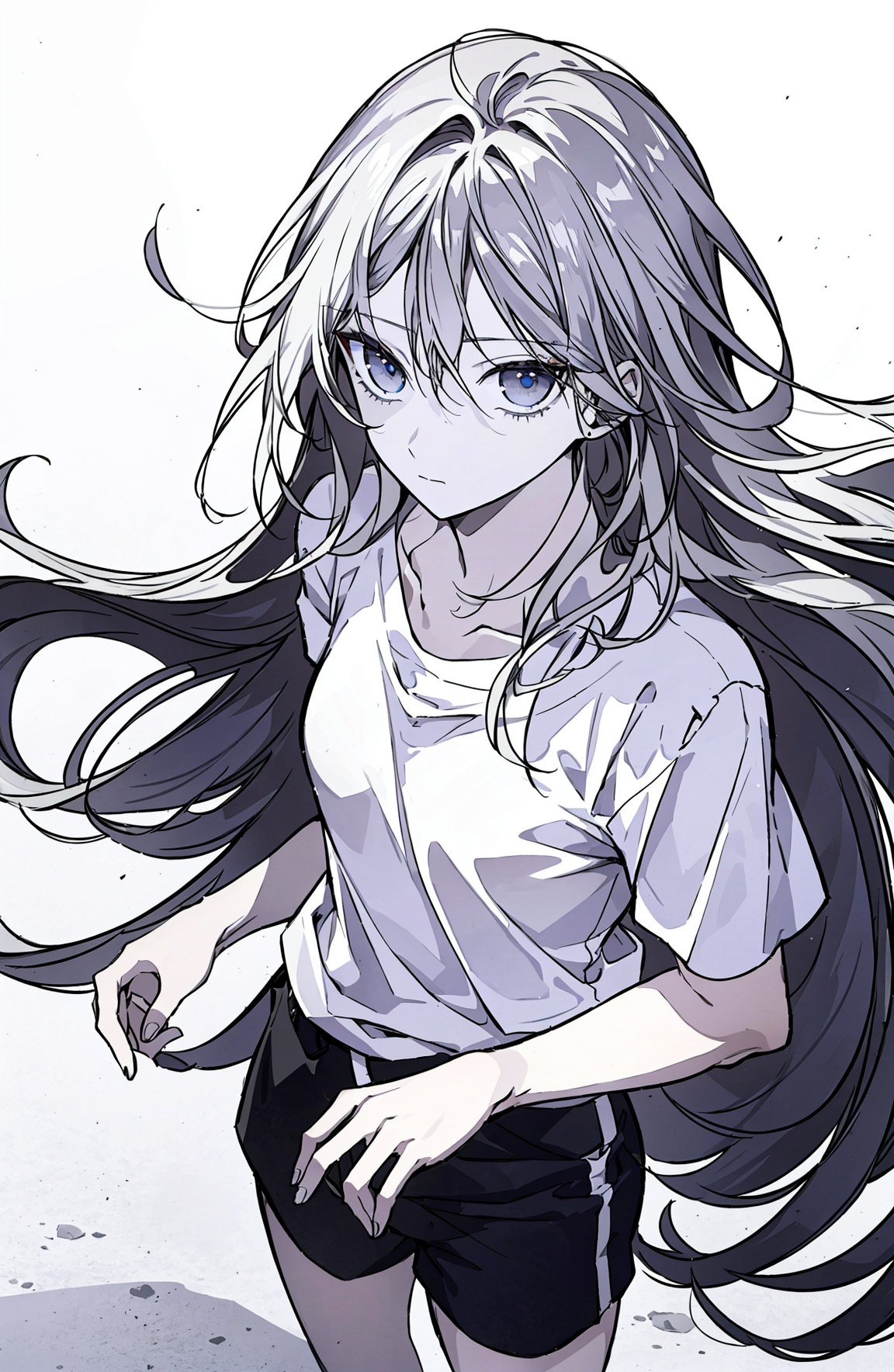 ((masterpiece)), ((ultra-detailed)), ((best quality)),from above, 1girl, long hair, small breasts, makeup, black eyeliner, (expressionless:1.2), (closed mouth:1.2), looking at viewer,grey hair,long hair,white shorts,white tshirt,