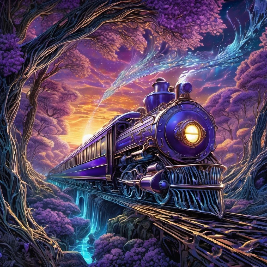 Art by  Dan Mumford
Josephine Wall
"imagine a bioluminescent purple glowing a train in ethereal enchanted wonderland, soft lighting, sharp focus,  paint drops, rough edges, trending on artstation, studio photo, intricate details, highly detailed"
luminism, ultra  highly detailed, 32 k, 
Fantastic Realism complex background, dynamic lighting, lights, digital painting, intricated pose, highly detailed intricated, Broken Glass effect, no background, stunning, something that even doesn't exist, mythical being, energy, molecular, textures, iridescent and luminescent scales, breathtaking beauty, pure perfection, divine presence, unforgettable, impressive, breathtaking beauty, Volumetric light, auras, rays, vivid colors reflects



















