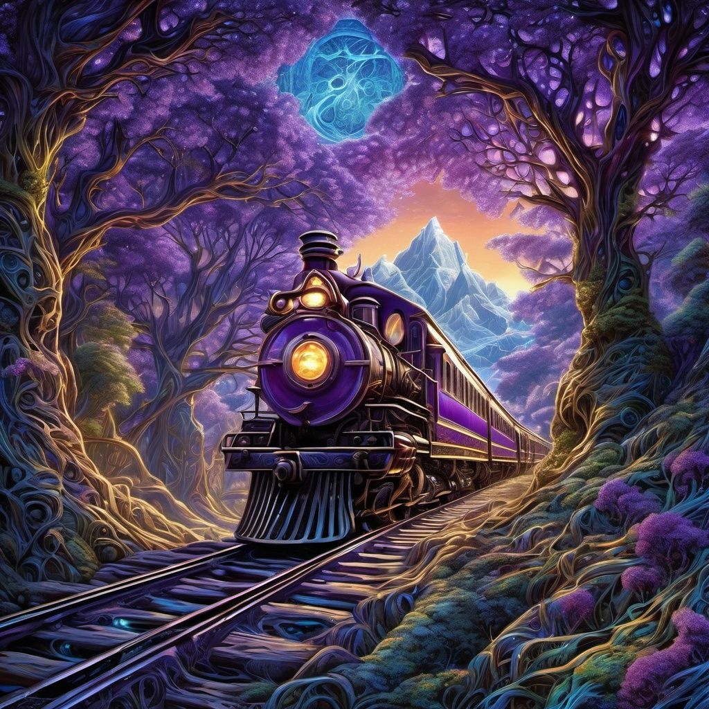 Art by  Dan Mumford
Josephine Wall
"imagine a bioluminescent purple glowing a train in ethereal enchanted wonderland, soft lighting, sharp focus,  paint drops, rough edges, trending on artstation, studio photo, intricate details, highly detailed"
luminism, ultra  highly detailed, 32 k, 
Fantastic Realism complex background, dynamic lighting, lights, digital painting, intricated pose, highly detailed intricated, Broken Glass effect, no background, stunning, something that even doesn't exist, mythical being, energy, molecular, textures, iridescent and luminescent scales, breathtaking beauty, pure perfection, divine presence, unforgettable, impressive, breathtaking beauty, Volumetric light, auras, rays, vivid colors reflects



















