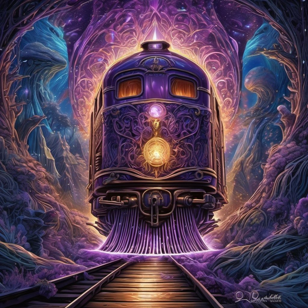 Art by  Dan Mumford
Josephine Wall
"imagine a bioluminescent purple glowing a train in ethereal enchanted wonderland, soft lighting, sharp focus,  paint drops, rough edges, trending on artstation, studio photo, intricate details, highly detailed"
luminism, ultra  highly detailed, 32 k, 
Fantastic Realism complex background, dynamic lighting, lights, digital painting, intricated pose, highly detailed intricated, Broken Glass effect, no background, stunning, something that even doesn't exist, mythical being, energy, molecular, textures, iridescent and luminescent scales, breathtaking beauty, pure perfection, divine presence, unforgettable, impressive, breathtaking beauty, Volumetric light, auras, rays, vivid colors reflects



















