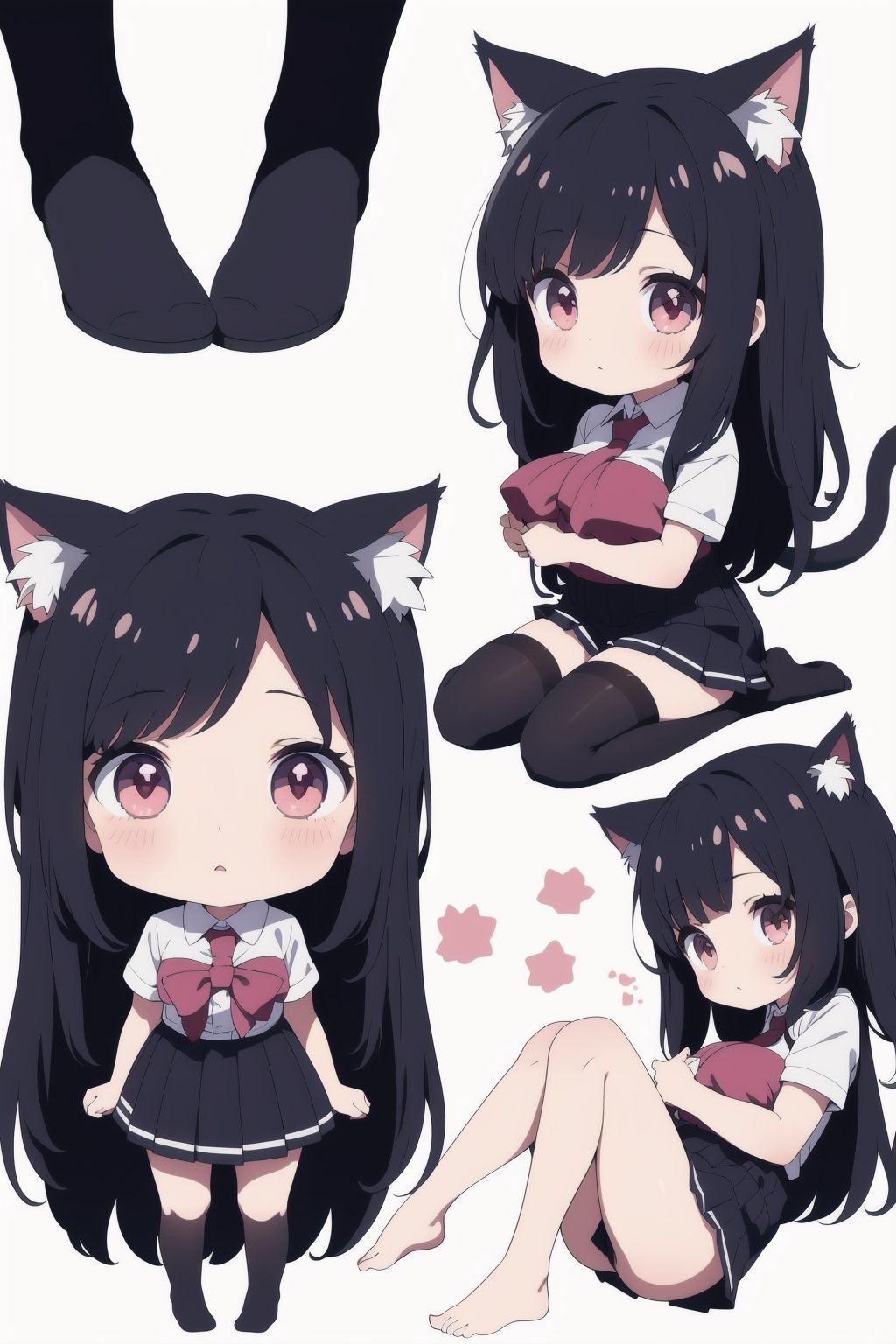 loli,((chibi)) girl,(multiple views),Random hair color,silk stockings, cat ears,huge breast,long hair, shoeless, dynamic angle, capturing scenes,