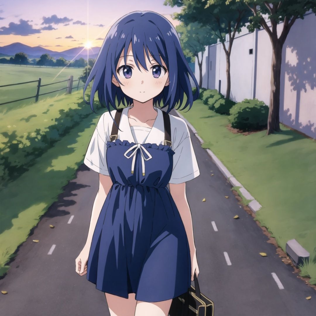 Highest quality, masterpiece, anime illustration, game risograph, 1 girl, looking into the camera, walking down a country road in civilian clothes. Sunset, evening sun, starlight, CG, dynamic angle.,anime