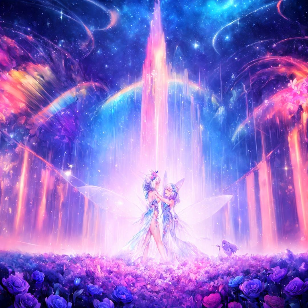 ((best quality, masterpiece)), imaginary world, fairies, sparkles, twinkling stars, rainbows, purple sky, ((paper_flowers)), magnificent fantasy landscape, vivid colors, celebration, (abstract art:1.3),  
