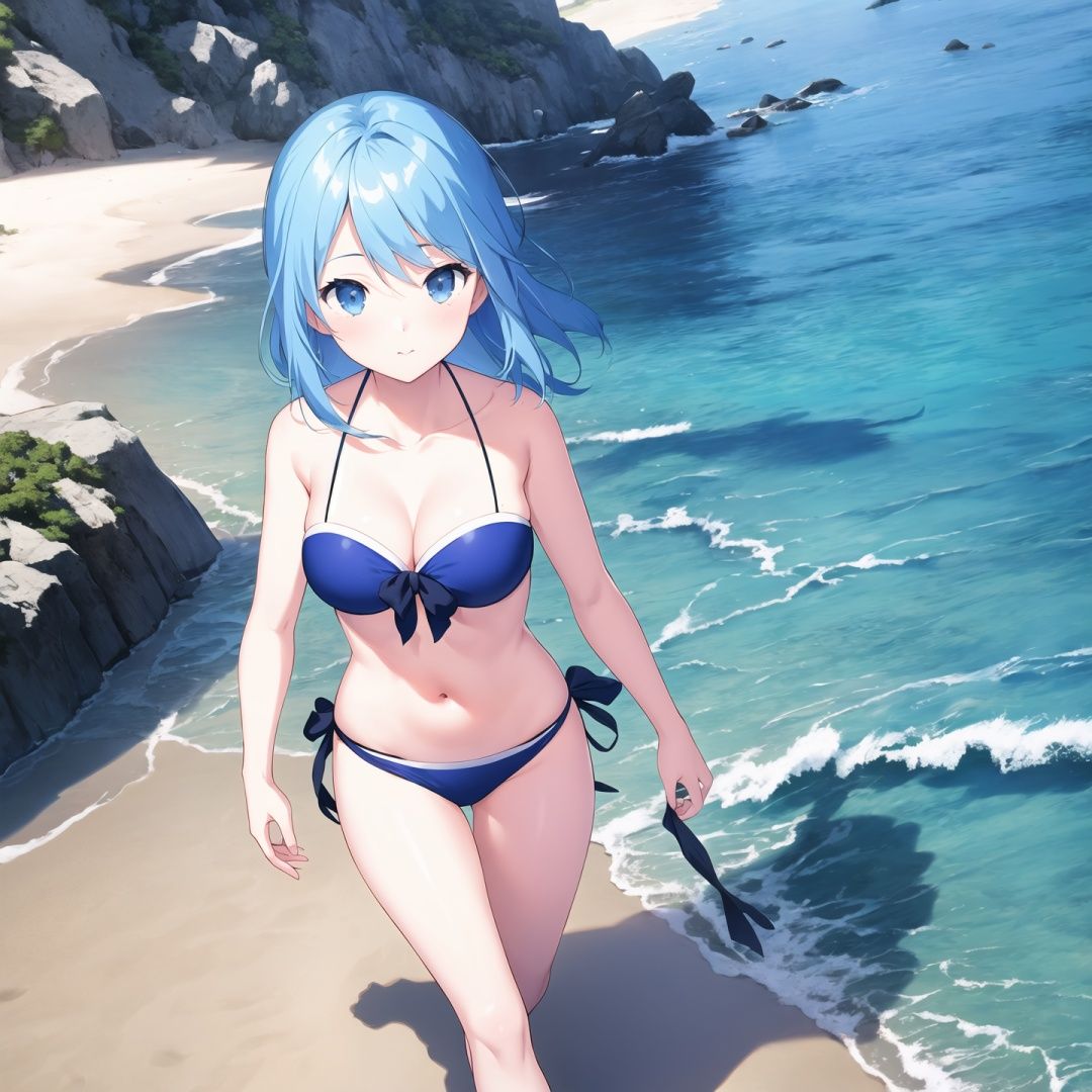 Anime, Illustration, Game CG,1girl,blue hair,Bandeau bikini,close range,Walking on the beach by the sea,game risograph