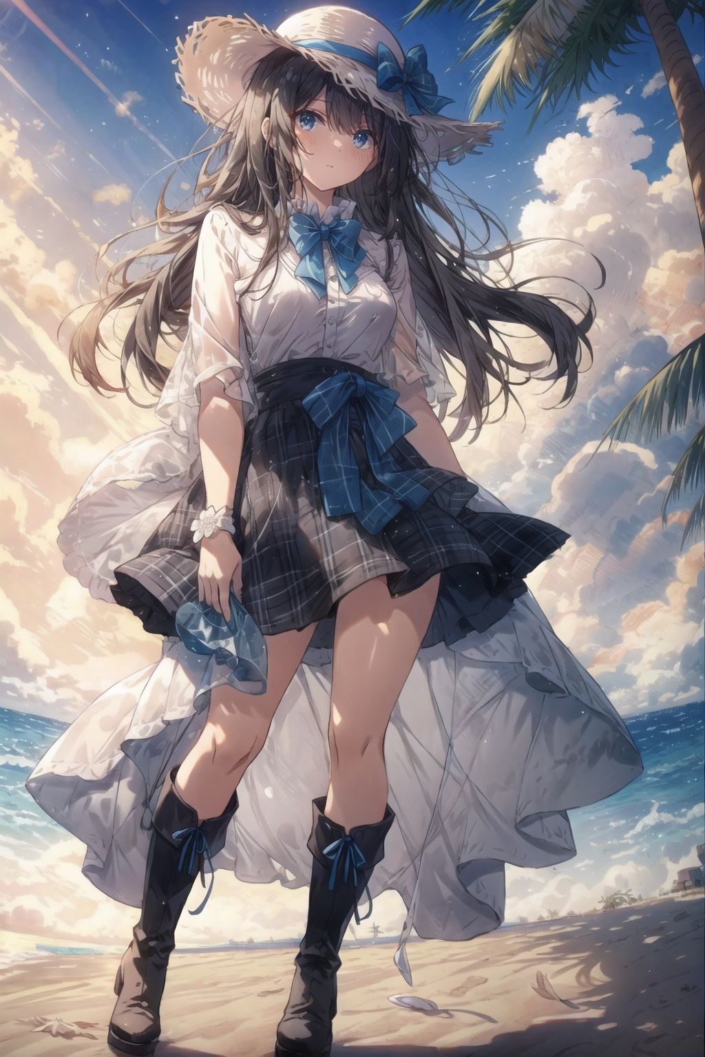 There is a chestnut hair with long waist and natural hair,  and the figure ratio is very good,  neither fat nor thin. The straight eyebrows just extend,  and the eyes are blue and deep,  as if a sea is concentrated, Women's shirt with lace flower bow tie,  a gray skirt over the knee,  a pair of long leather boots,  and a soft hat with fine plaid and black yarn hanging from the top, soft,  (seaside,  beach,  sunset,  horizon,  coconut tree), <lora:EMS-14220-EMS:1.200000>, , <lora:EMS-30426-EMS:1.000000>, , <lora:EMS-1495-EMS:0.300000>