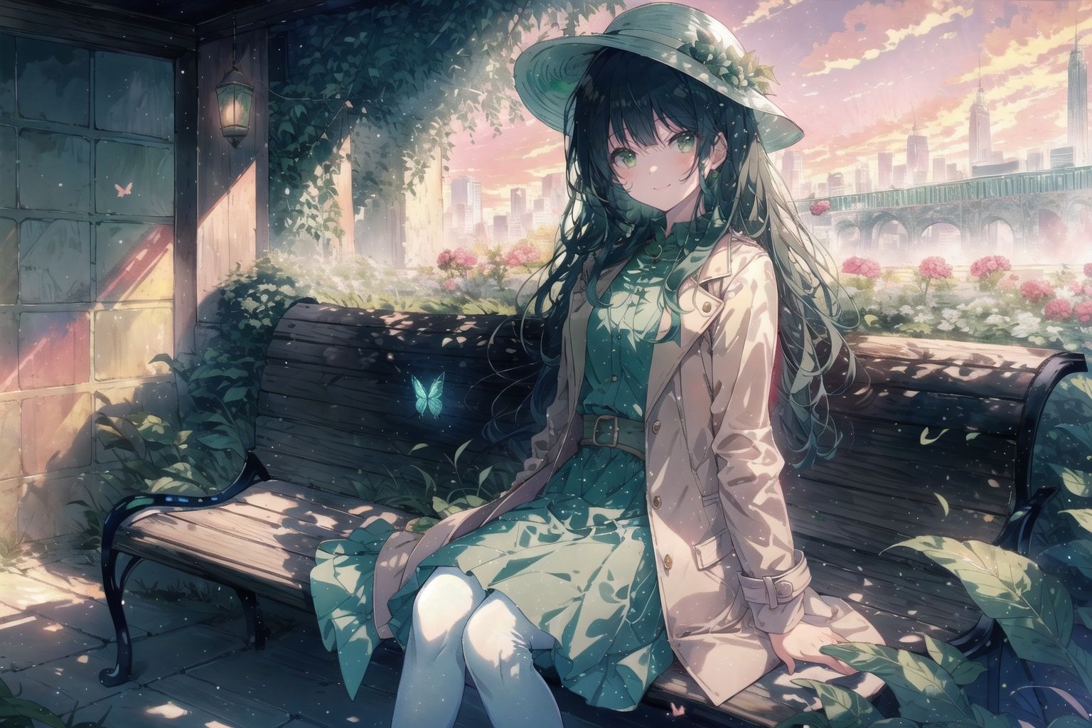 ((garden)),  (bench),  (light-green butterflies),  (city skyline),  (sunset),  (rosy clouds),  1 young girl,  cute girl,  solo,  close shot,  slim,  sitting,  grace pose,  gentle smile,  white pantyhose,  (long black hair),  blunt bangs,  green eyes,  (khaki fedora),  (khaki coat),  (long light-green dress),  light-green shoes, <lora:EMS-14220-EMS:1.200000>, , <lora:EMS-30426-EMS:1.000000>, , <lora:EMS-1495-EMS:0.100000>