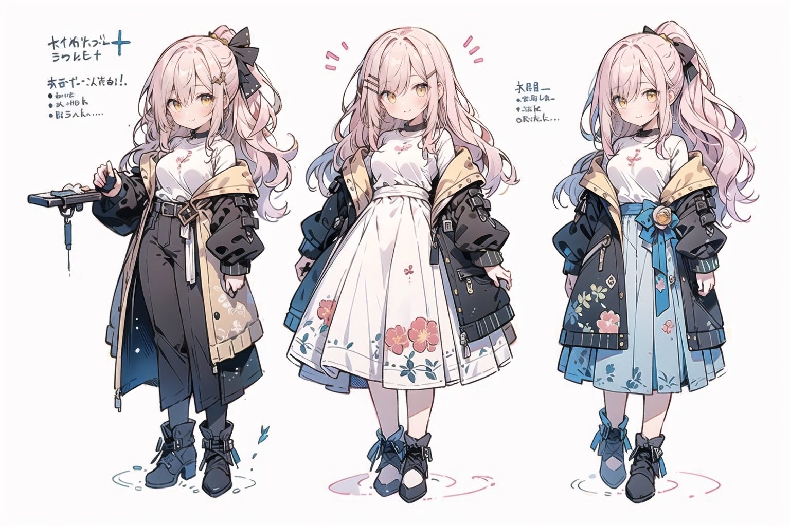[(white background:1.4)::10], [clear background], [(Lake and forest background:1.2):5]+++(databook:1.4), (concept art:1.2),(double v:1.2),+++++masterpiece,loli,(petite:1.2),high ponytail,medium breast,(panorama:1.2),caustics,best quality,beautiful detailed eyes,((pink hair)),wavy hair,disheveled hair, messy hair, long bangs,extremely detailed, floating hair,solo, best quality, masterpiece, highres, original, extremely detailed wallpaper,{an extremely delicate and beautiful}++++loose clothes,(white t-shirt:1.4),(black open jacket:1.2),++hairclip+/*/*/*++(floral print:1.2)+/*/*/*+++, ((yellow eyes)), {beautiful eyes},  <lora:修手V3:1.2>, <lora:水润RenalithV4.2:1>