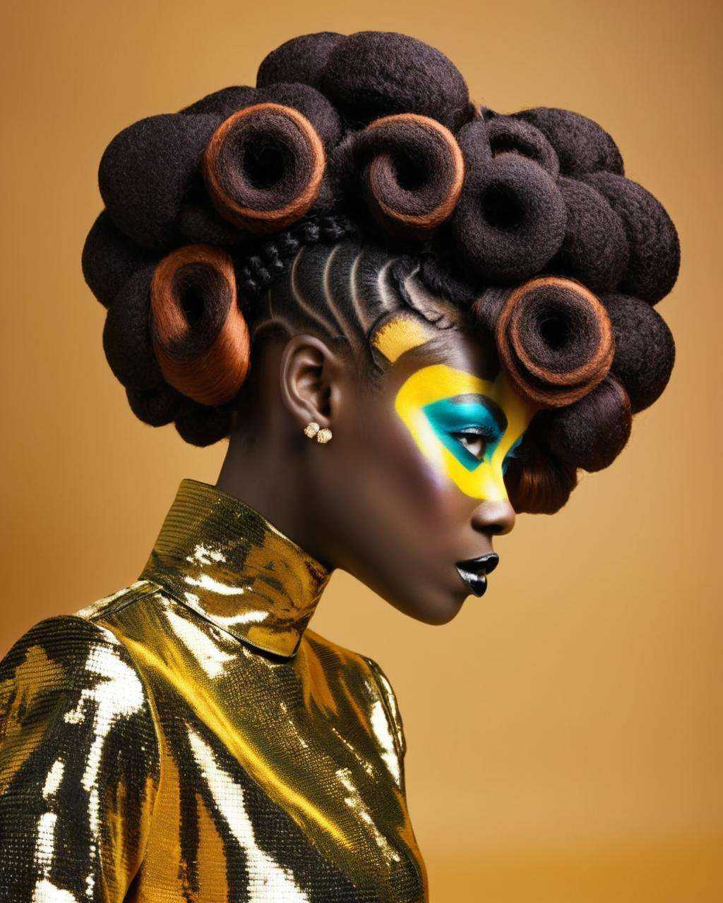 crazy alternate hairstyle,  fashion photography,  hairstyle inspired by Amoako Boafo and Leigh Brackett on Tensor.Art