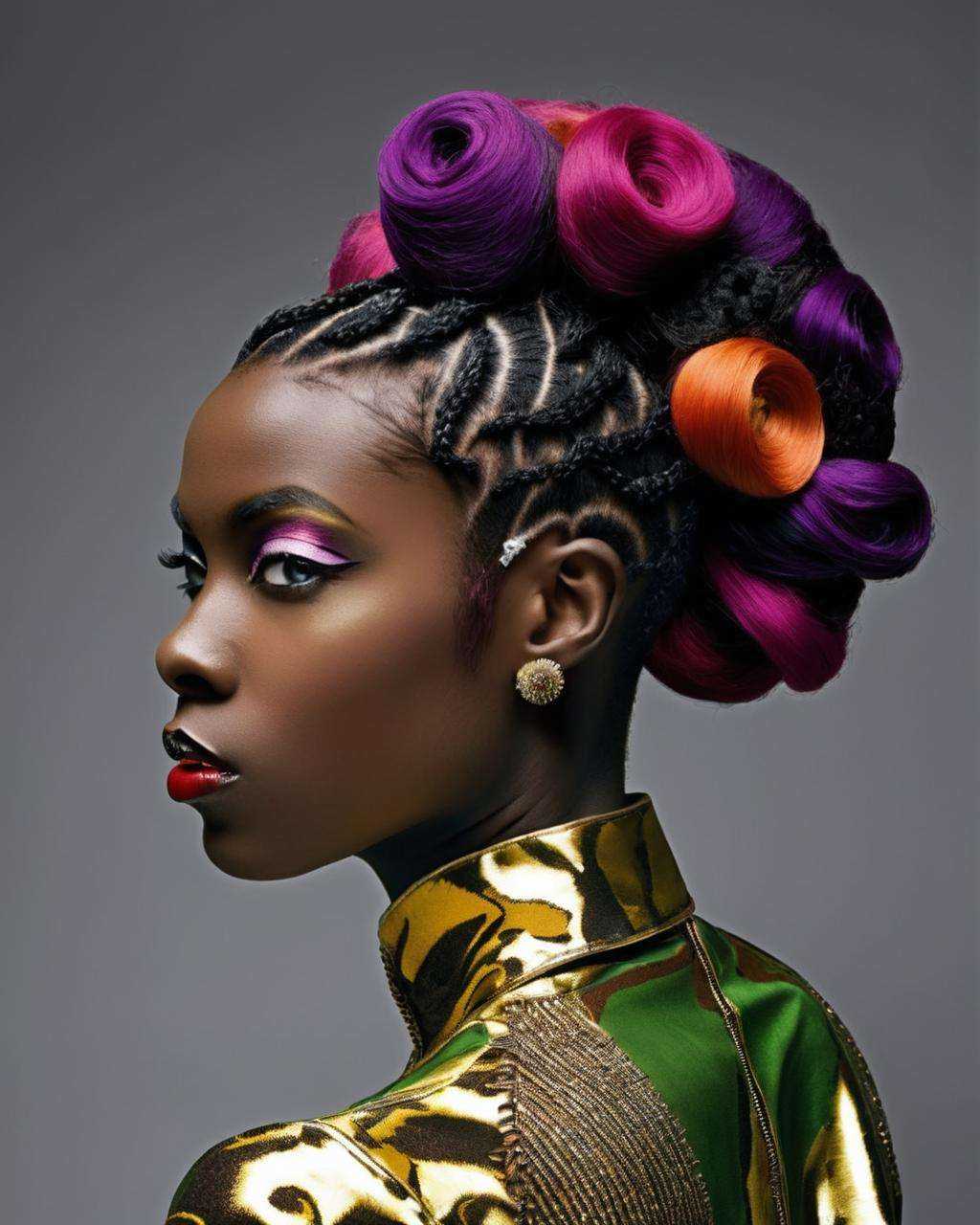crazy alternate punk hairstyle,  fashion photography,  hairstyle inspired by Njideka Akunyili Crosby and Edmond Hamilton o...