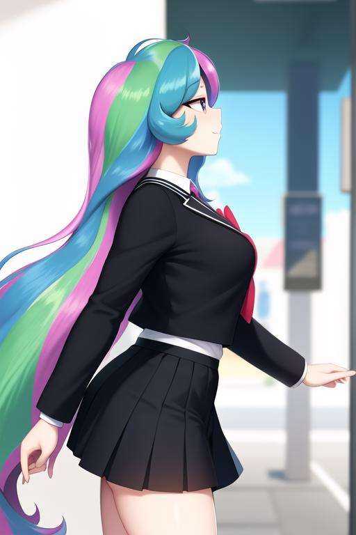 (from side),  walking princess_celestia wearing a black school uniform,  looking away on Tensor.Art