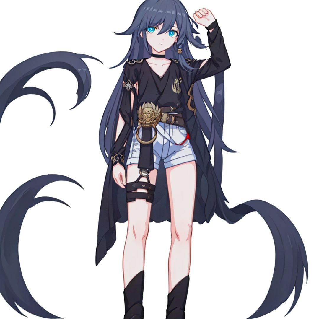 (masterpiece:1.3), (the best quality:1.2), (super fine illustrations:1.2), (Masterpiece), high quality, high detail,((white background:1.2)), looking at viewer, (SOLO:1.4),outline,,simple background, hair between eyes, fu hua, blue eyes, long hair, bangs, black shirt ,fu_hua