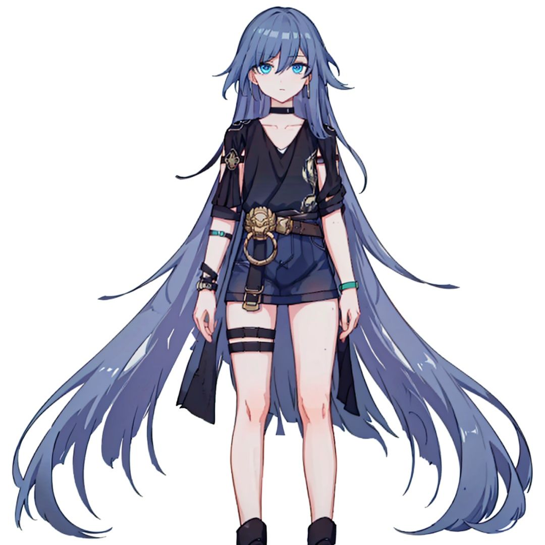 (masterpiece:1.3), (the best quality:1.2), (super fine illustrations:1.2), (Masterpiece), high quality, high detail,((white background:1.2)), looking at viewer, (SOLO:1.4),outline,,simple background, hair between eyes, fu hua, blue eyes, long hair, bangs, black shirt ,fu_hua