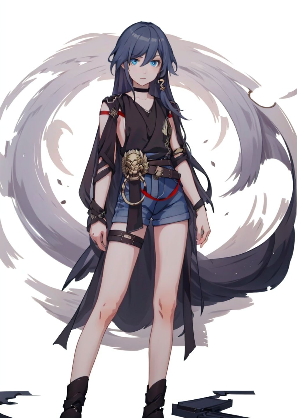 (masterpiece:1.3), (the best quality:1.2), (super fine illustrations:1.2), (Masterpiece), high quality, high detail,((white background:1.2)), looking at viewer, (SOLO:1.4),outline,,simple background,  hair between eyes, fu hua, blue eyes, long hair, bangs, black shirt
,fu_hua
