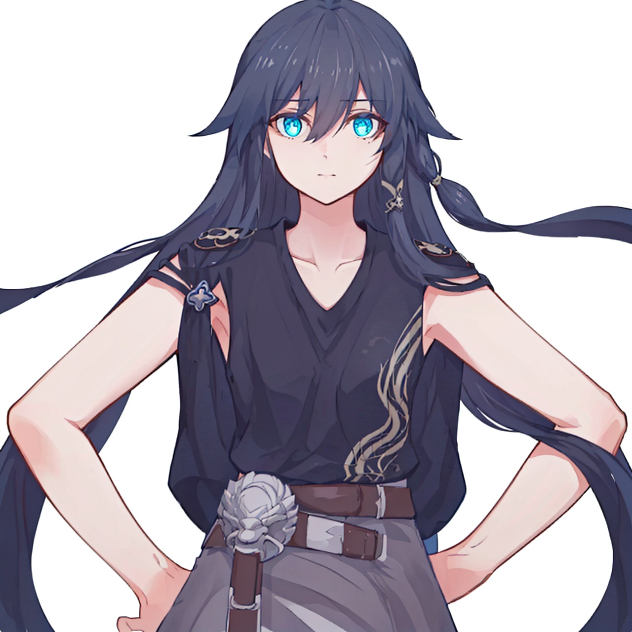  (masterpiece:1.3), (the best quality:1.2), (super fine illustrations:1.2), (Masterpiece), high quality, high detail,((white background:1.2)), looking at viewer, (SOLO:1.4),outline,,simple background, hair between eyes, fu hua, blue eyes, long hair, bangs, black shirt ,fu_hua