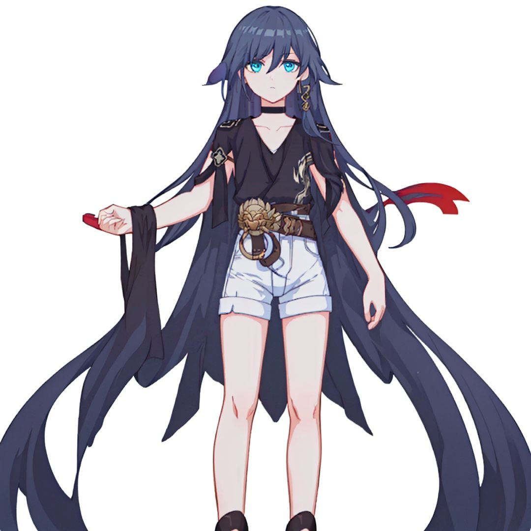 (masterpiece:1.3), (the best quality:1.2), (super fine illustrations:1.2), (Masterpiece), high quality, high detail,((white background:1.2)), looking at viewer, (SOLO:1.4),outline,,simple background, hair between eyes, fu hua, blue eyes, long hair, bangs, black shirt ,fu_hua