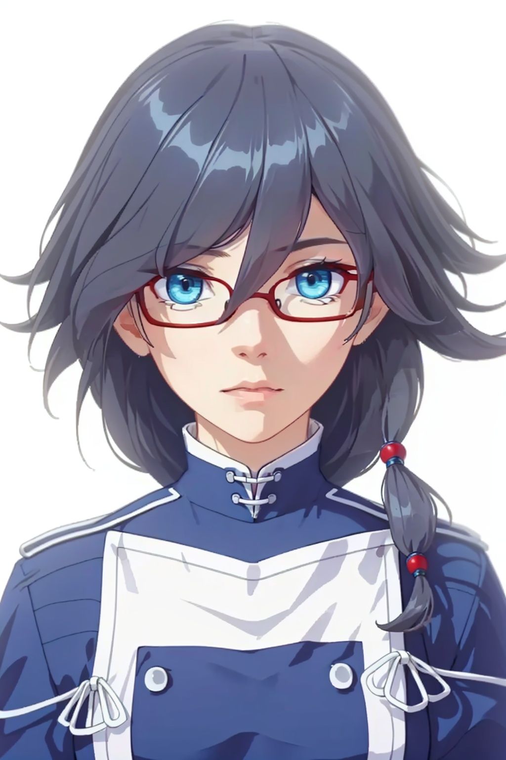 (masterpiece:1.3), (the best quality:1.2), (super fine illustrations:1.2), (Masterpiece), high quality, high detail,((white background:1.2)), looking at viewer, (SOLO:1.4),outline,,simple background,  blue eyes, glasses, hair between eyes, fu hua, long hair, bangs, blue jacket, chinese clothes
,fu_hua