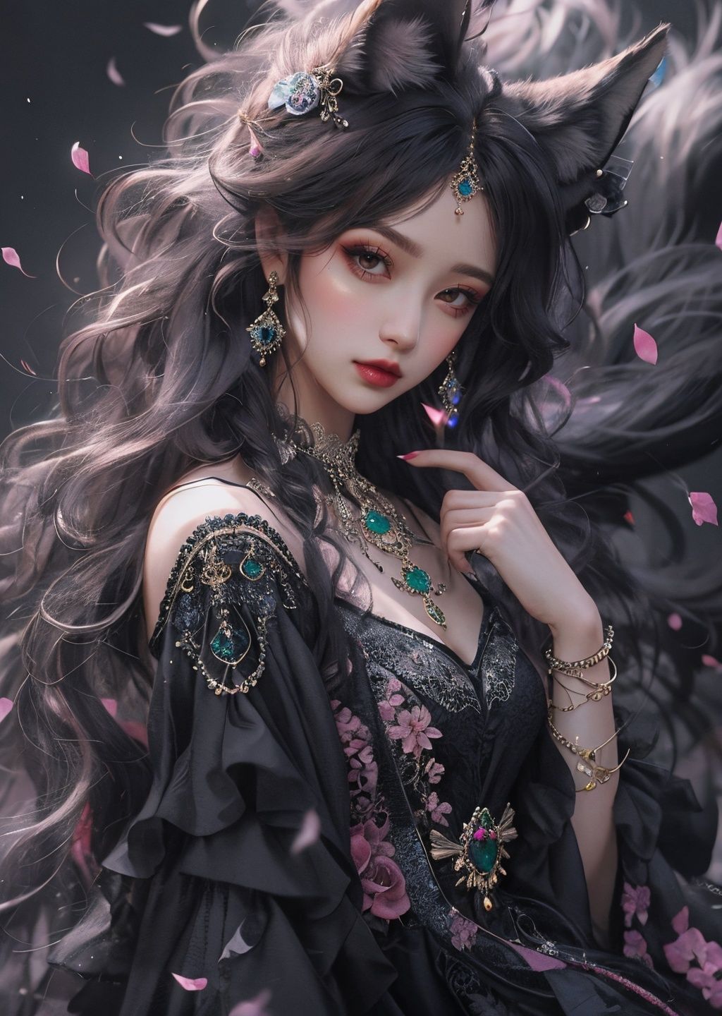 masterpiece,best quality,8k,insane details,intricate details,hyper quality,high detail,ultra detailed,realistic,1girl,animal ears,long hair,petals,jewelry,looking at viewer,fox ears,dress,hair ornament,black dress,bracelet,bare shoulders,full body,tail,pink flower,fox,black hair,solo,hand up,earrings,black background,lips,wavy hair,detached sleeves,closed mouth,fox tail,beads,makeup,long sleeves,