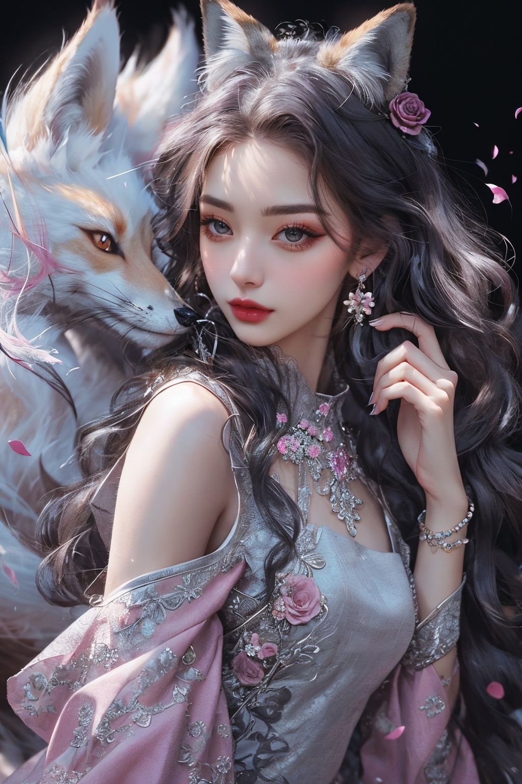 masterpiece,best quality,8k,insane details,intricate details,hyper quality,high detail,ultra detailed,realistic,1girl,animal ears,long hair,petals,((nine-tailed fox girl)),jewelry,flower,looking at viewer,fox ears,dress,hair ornament,black dress,bracelet,bare shoulders,full body,tail,pink flower,fox,black hair,solo,hand up,earrings,black background,lips,wavy hair,detached sleeves,closed mouth,fox tail,beads,rose,makeup,long sleeves,